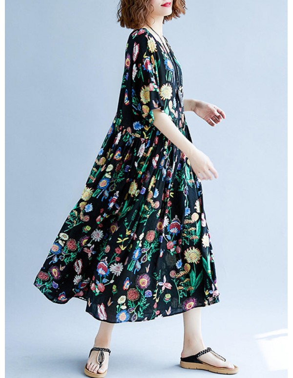 Cotton Floral Print O-neck Elastic Waist Maxi Dress