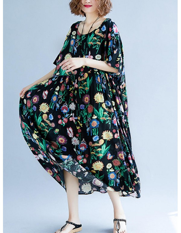 Cotton Floral Print O-neck Elastic Waist Maxi Dress