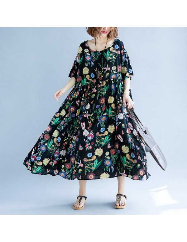 Cotton Floral Print O-neck Elastic Waist Maxi Dress