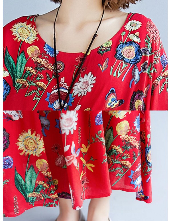 Cotton Floral Print O-neck Elastic Waist Maxi Dress