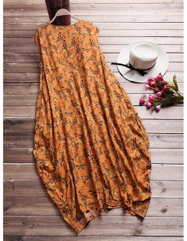 Women Floral Printed Baggy Pockets O-neck Dress