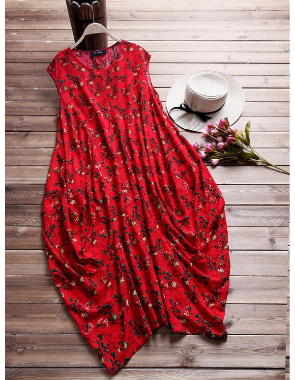 Women Floral Printed Baggy Pockets O-neck Dress