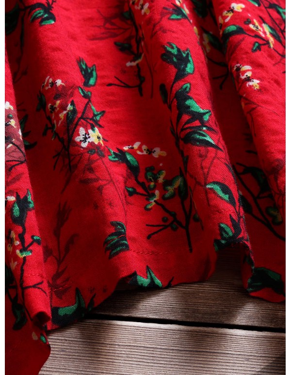 Women Floral Printed Baggy Pockets O-neck Dress