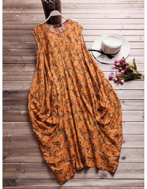 Women Floral Printed Baggy Pockets O-neck Dress