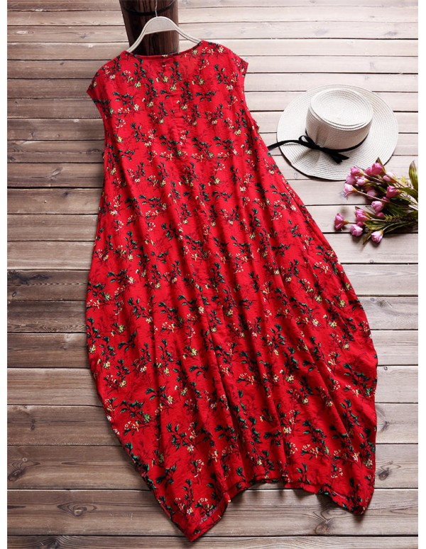 Women Floral Printed Baggy Pockets O-neck Dress