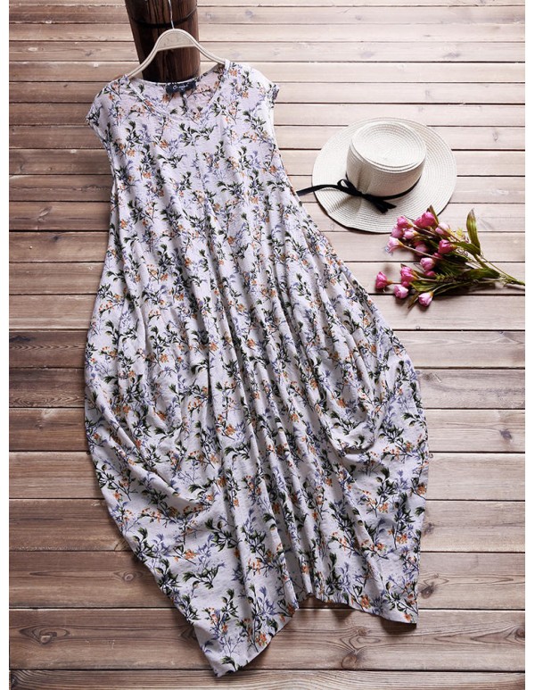 Women Floral Printed Baggy Pockets O-neck Dress