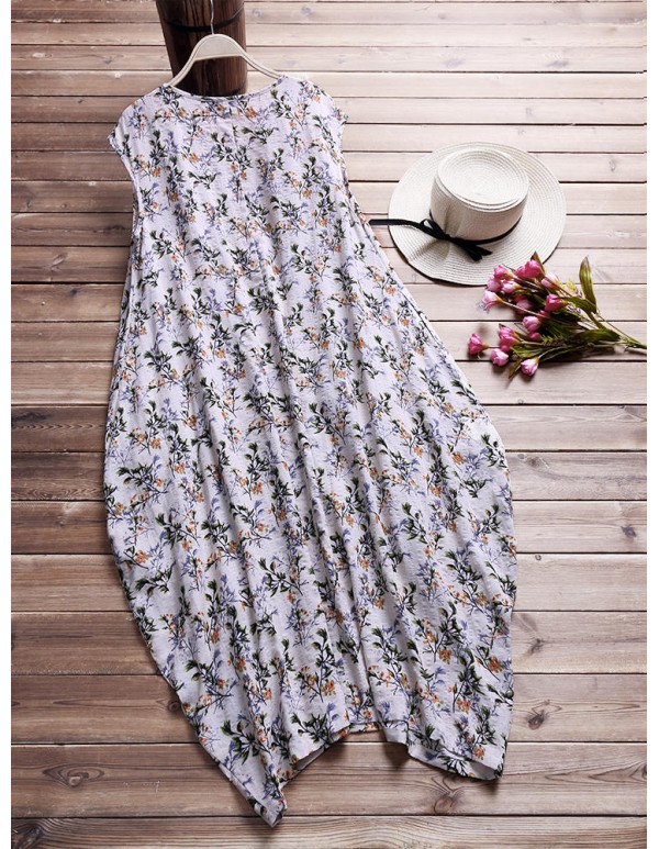 Women Floral Printed Baggy Pockets O-neck Dress