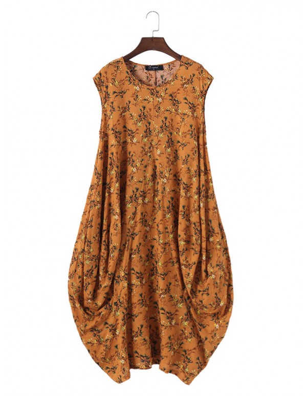 Women Floral Printed Baggy Pockets O-neck Dress