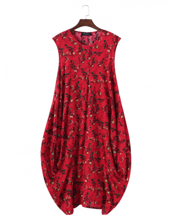 Women Floral Printed Baggy Pockets O-neck Dress