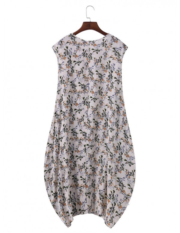 Women Floral Printed Baggy Pockets O-neck Dress