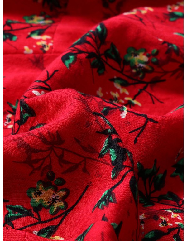 Women Floral Printed Baggy Pockets O-neck Dress