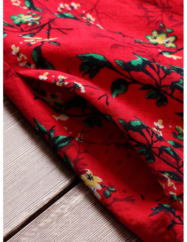 Women Floral Printed Baggy Pockets O-neck Dress