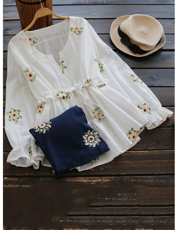 Women Embroidery Long Sleeves Adjustable Waist Blouse