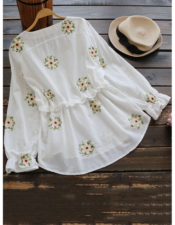 Women Embroidery Long Sleeves Adjustable Waist Blouse