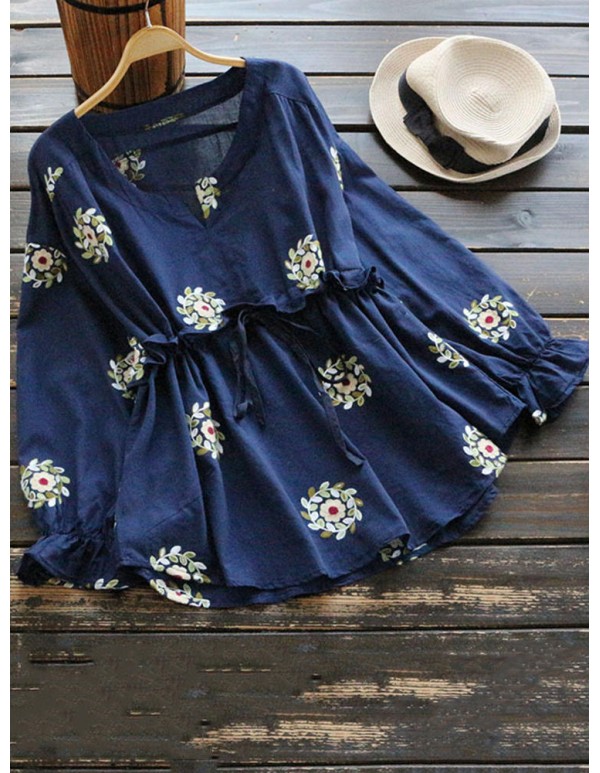 Women Embroidery Long Sleeves Adjustable Waist Blouse