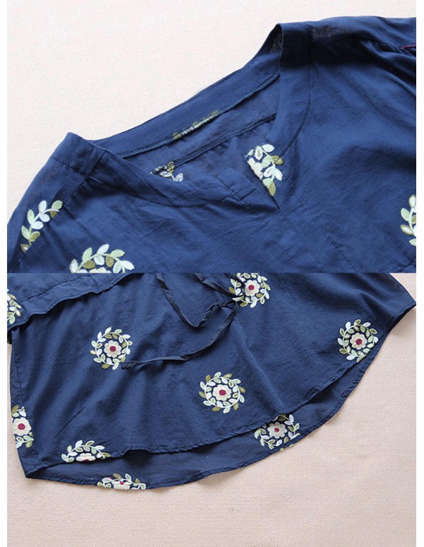 Women Embroidery Long Sleeves Adjustable Waist Blouse