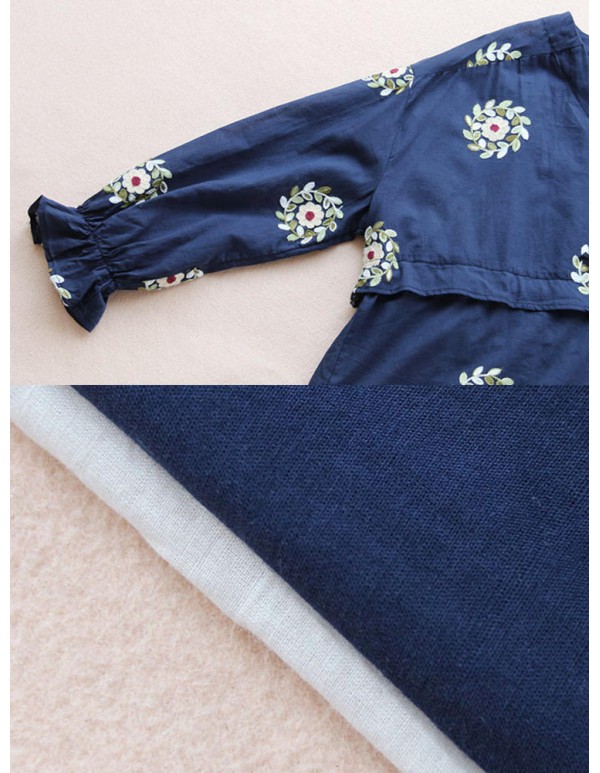 Women Embroidery Long Sleeves Adjustable Waist Blouse