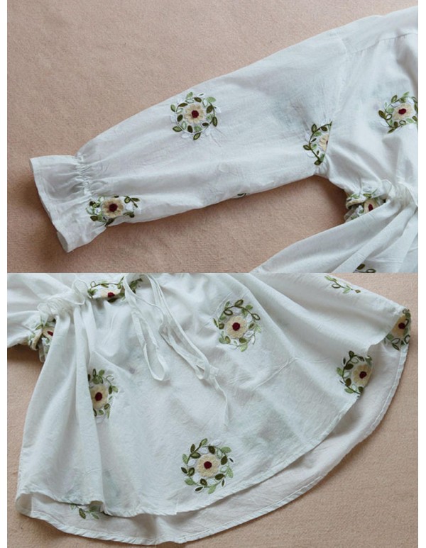 Women Embroidery Long Sleeves Adjustable Waist Blouse