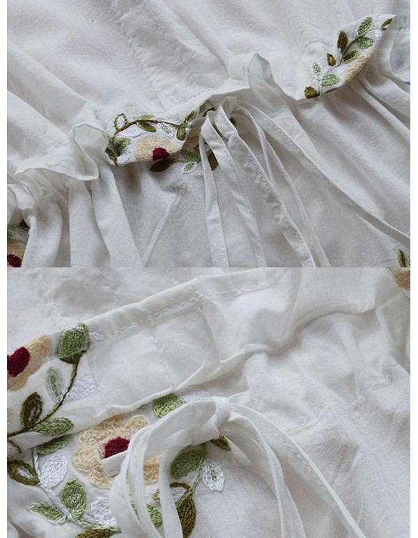 Women Embroidery Long Sleeves Adjustable Waist Blouse