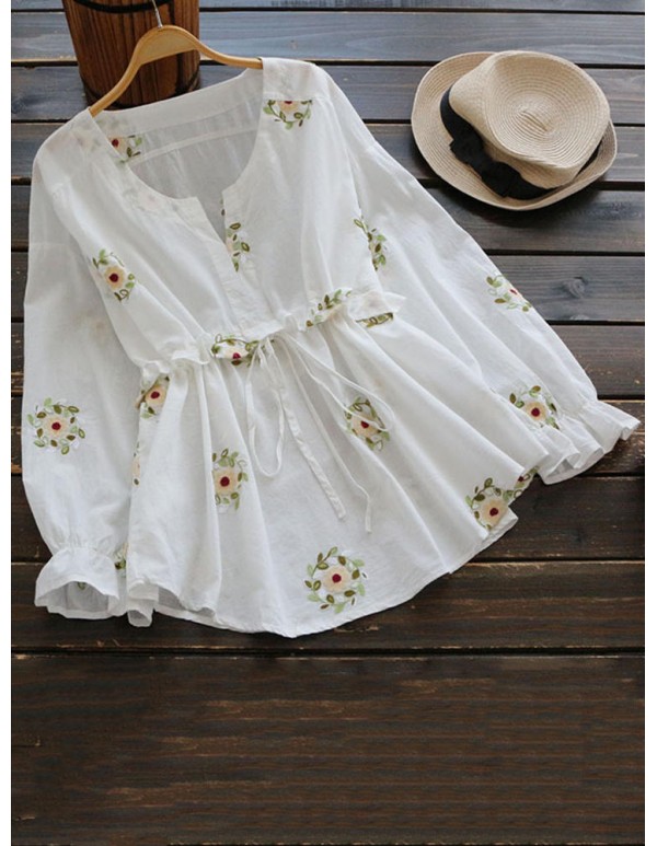 Women Embroidery Long Sleeves Adjustable Waist Blouse