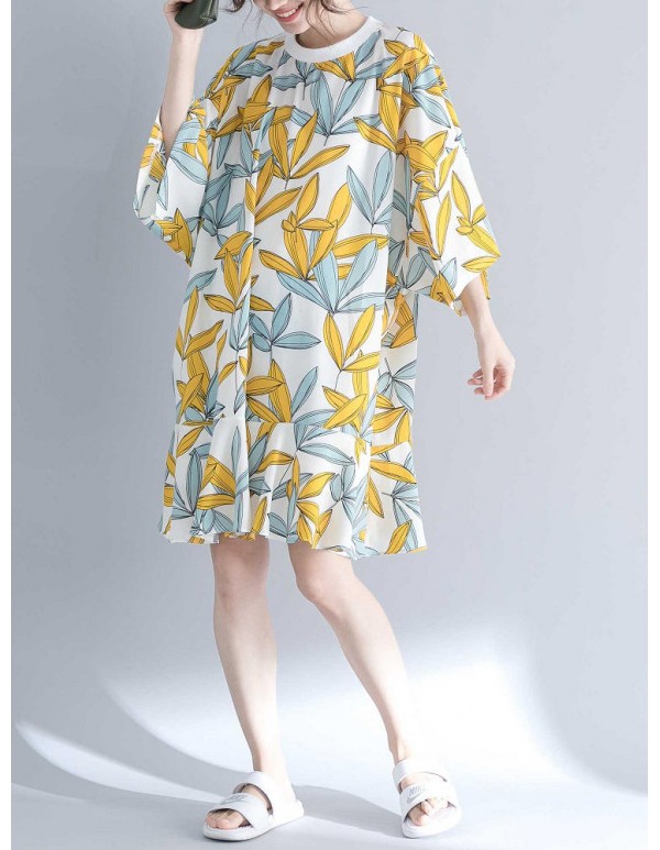 Women Fashion Leaves Print O-neck Half Sleeves Dress