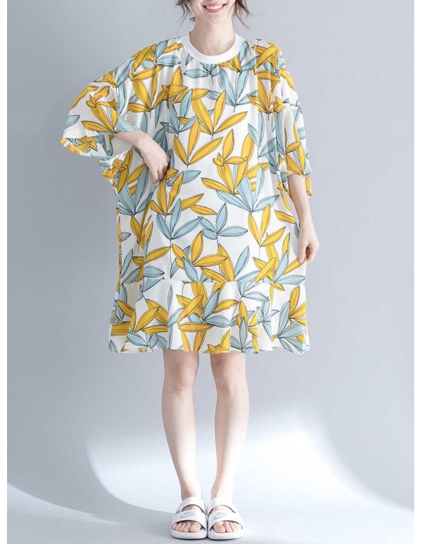 Women Fashion Leaves Print O-neck Half Sleeves Dress