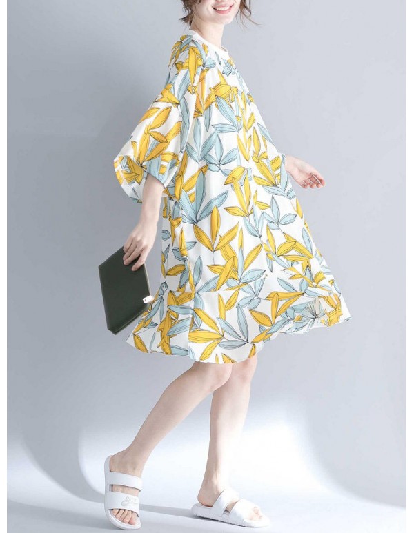 Women Fashion Leaves Print O-neck Half Sleeves Dress