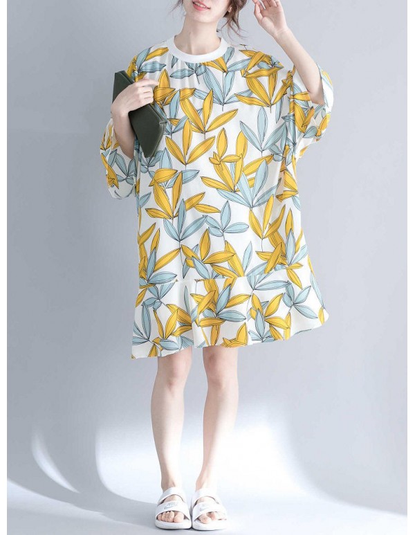 Women Fashion Leaves Print O-neck Half Sleeves Dress