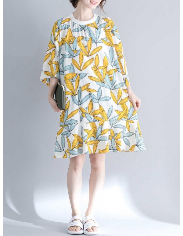 Women Fashion Leaves Print O-neck Half Sleeves Dress