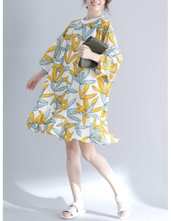 Women Fashion Leaves Print O-neck Half Sleeves Dress