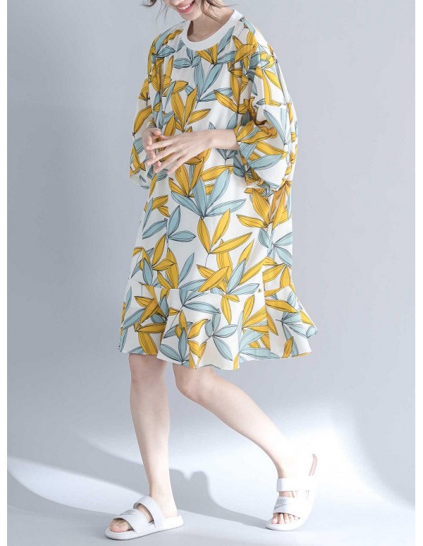 Women Fashion Leaves Print O-neck Half Sleeves Dress