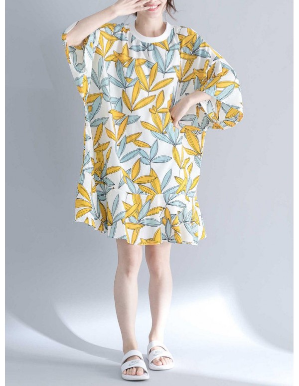 Women Fashion Leaves Print O-neck Half Sleeves Dress