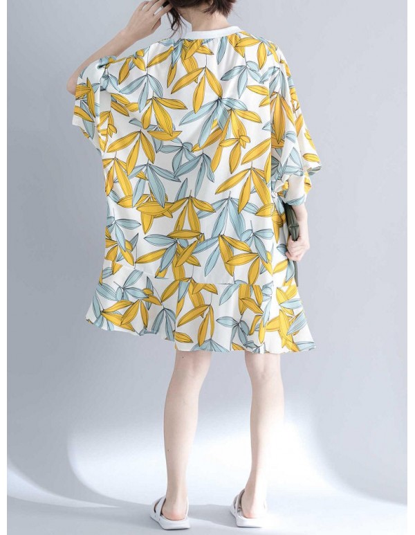 Women Fashion Leaves Print O-neck Half Sleeves Dress