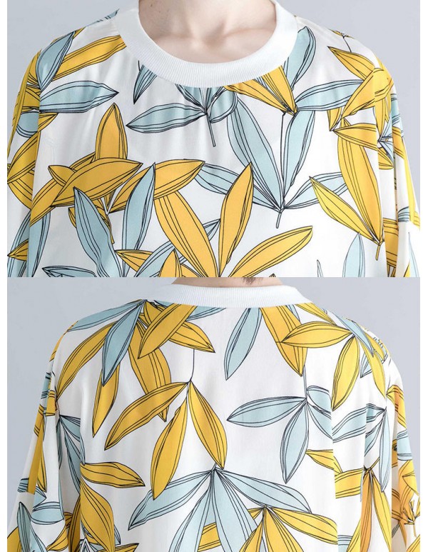 Women Fashion Leaves Print O-neck Half Sleeves Dress