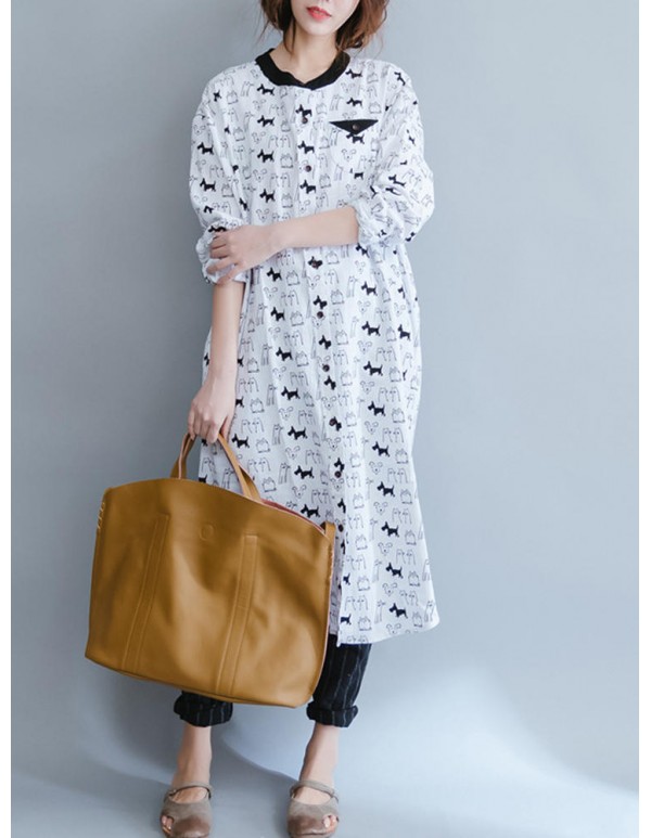 Women Cartoon Animal Print Long Shirts with Pockets