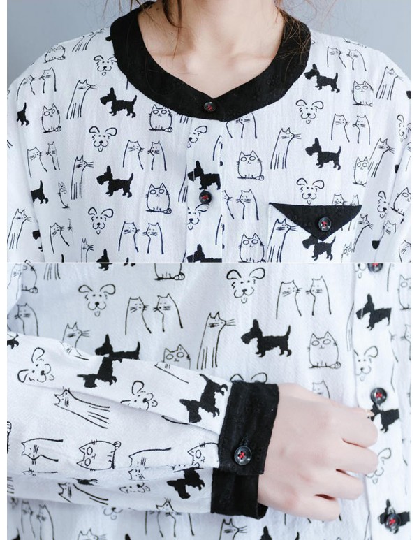 Women Cartoon Animal Print Long Shirts with Pockets