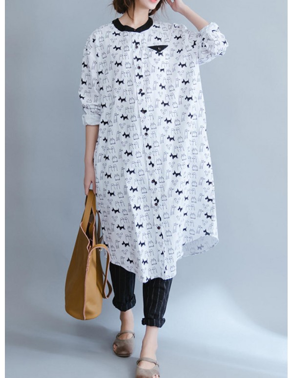 Women Cartoon Animal Print Long Shirts with Pockets
