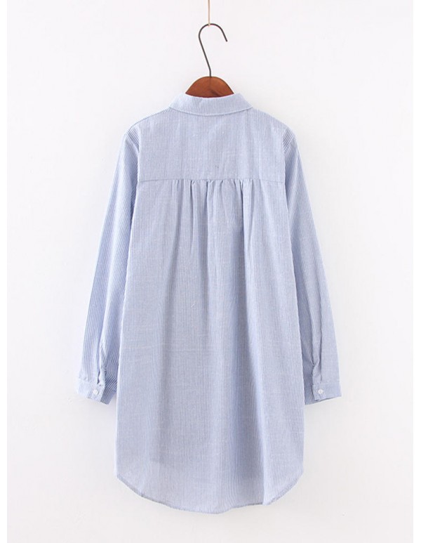 Women Plus Size Embroidery Stripe Long Sleeves Long Shirts