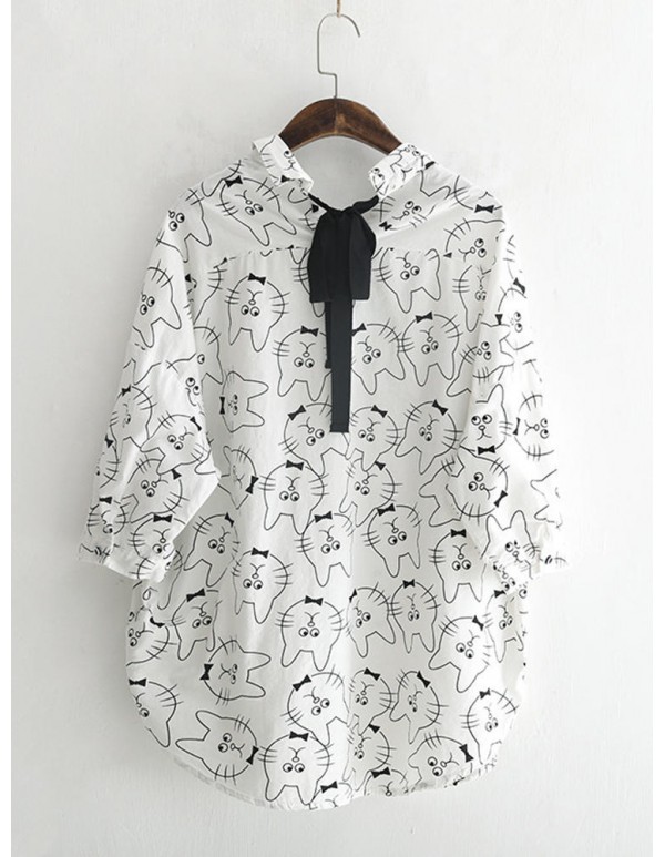 Women Fashion Cat Print Half Sleeves Loose Shirts