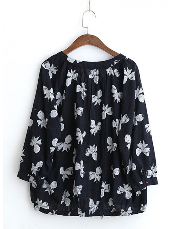 Women Butterfly Print V-neck Long Sleeves Blouse