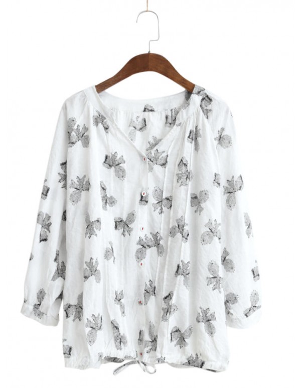 Women Butterfly Print V-neck Long Sleeves Blouse