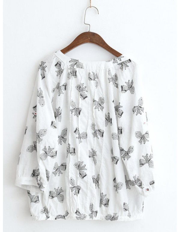 Women Butterfly Print V-neck Long Sleeves Blouse