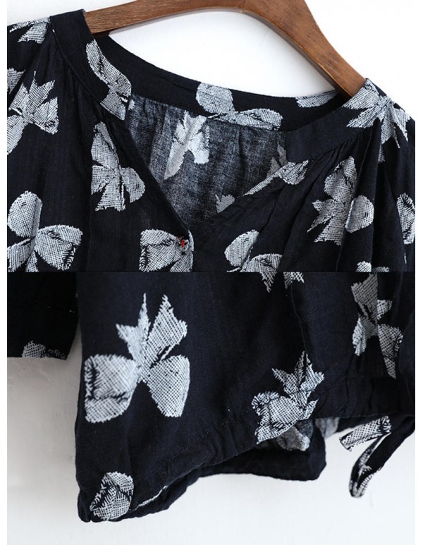 Women Butterfly Print V-neck Long Sleeves Blouse