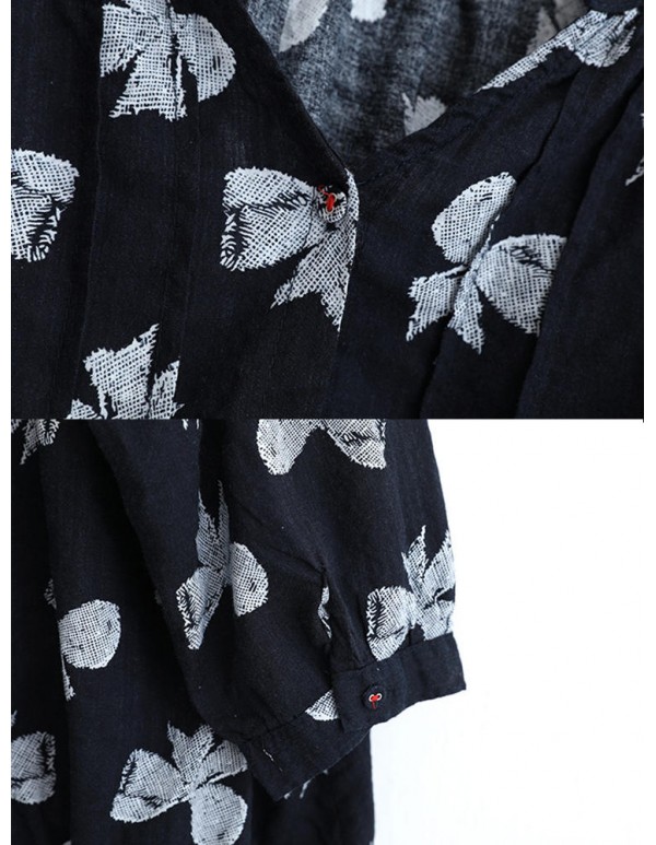 Women Butterfly Print V-neck Long Sleeves Blouse