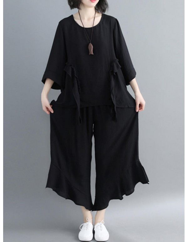 Women Fashion Ruffles Blouse and Pants Suit