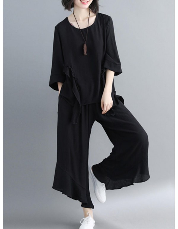 Women Fashion Ruffles Blouse and Pants Suit