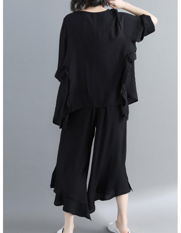 Women Fashion Ruffles Blouse and Pants Suit