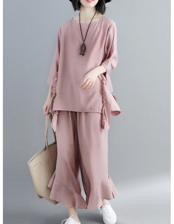Women Fashion Ruffles Blouse and Pants Suit