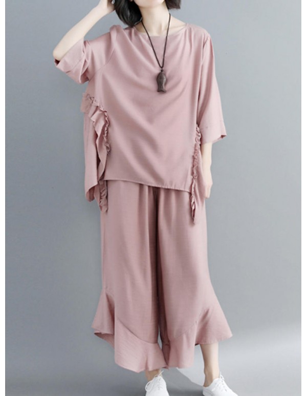 Women Fashion Ruffles Blouse and Pants Suit