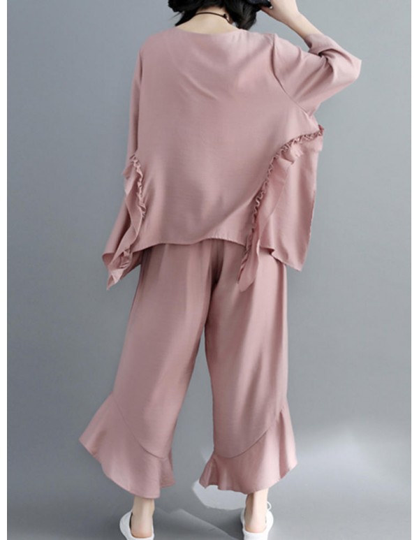 Women Fashion Ruffles Blouse and Pants Suit